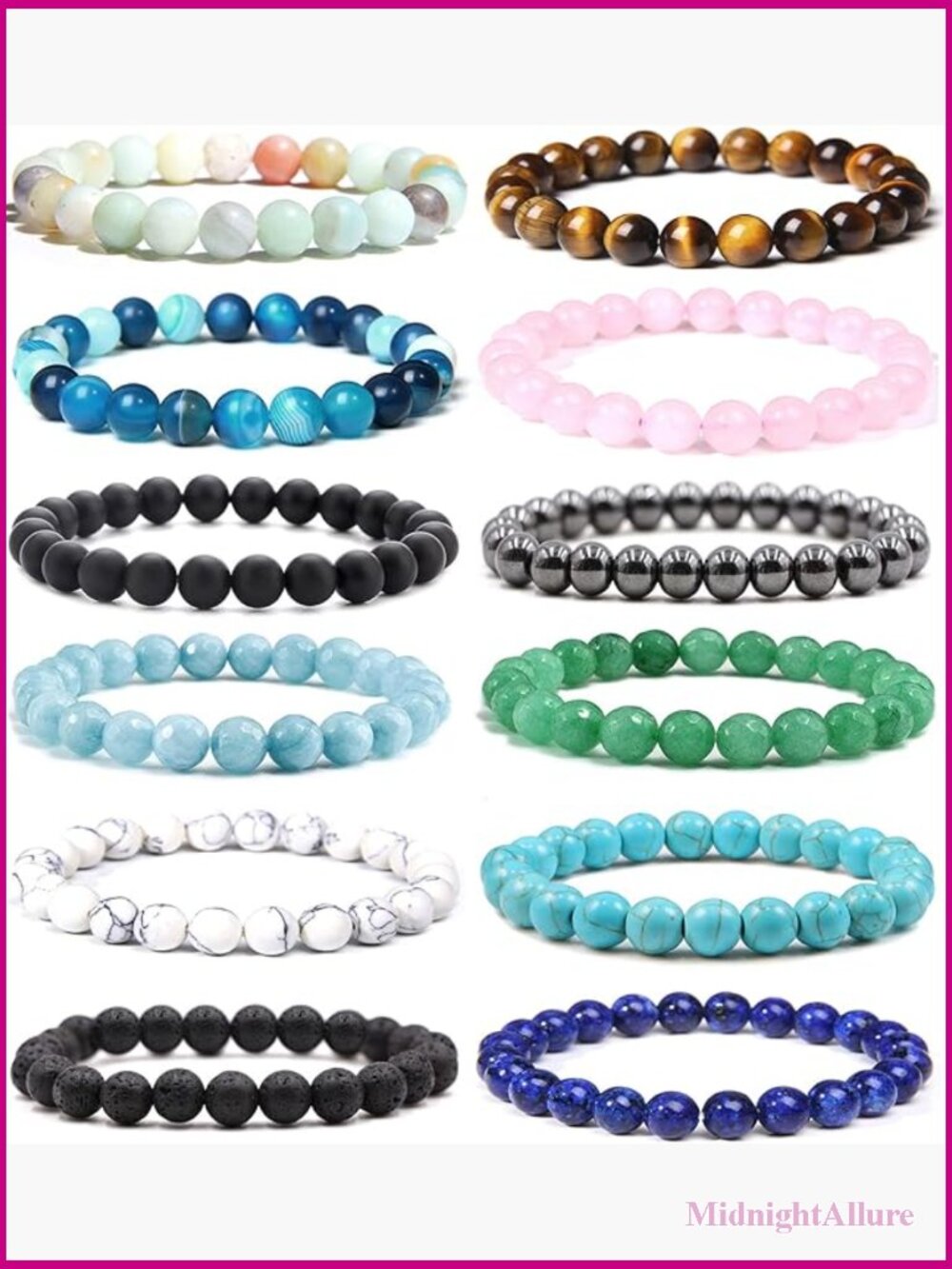 12 Natural Stone Beaded Bracelets Set Semi-Precious Gemstone Stretch Unisex